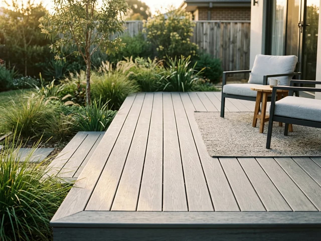 A low-set grey composite deck meeting a garden bed of soft grasses, with outdoor lounge chairs