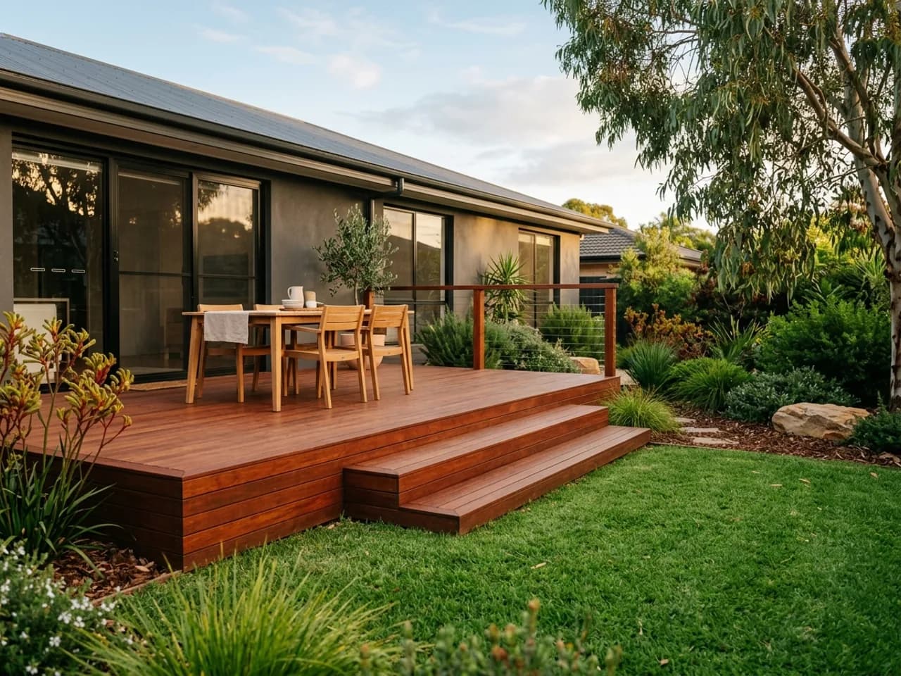 A merbau hardwood deck stepping down onto a lawn behind an Adelaide home, framed by native planting