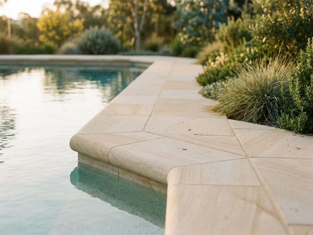 A close view of natural stone bullnose pool coping meeting stone pavers beside a garden bed