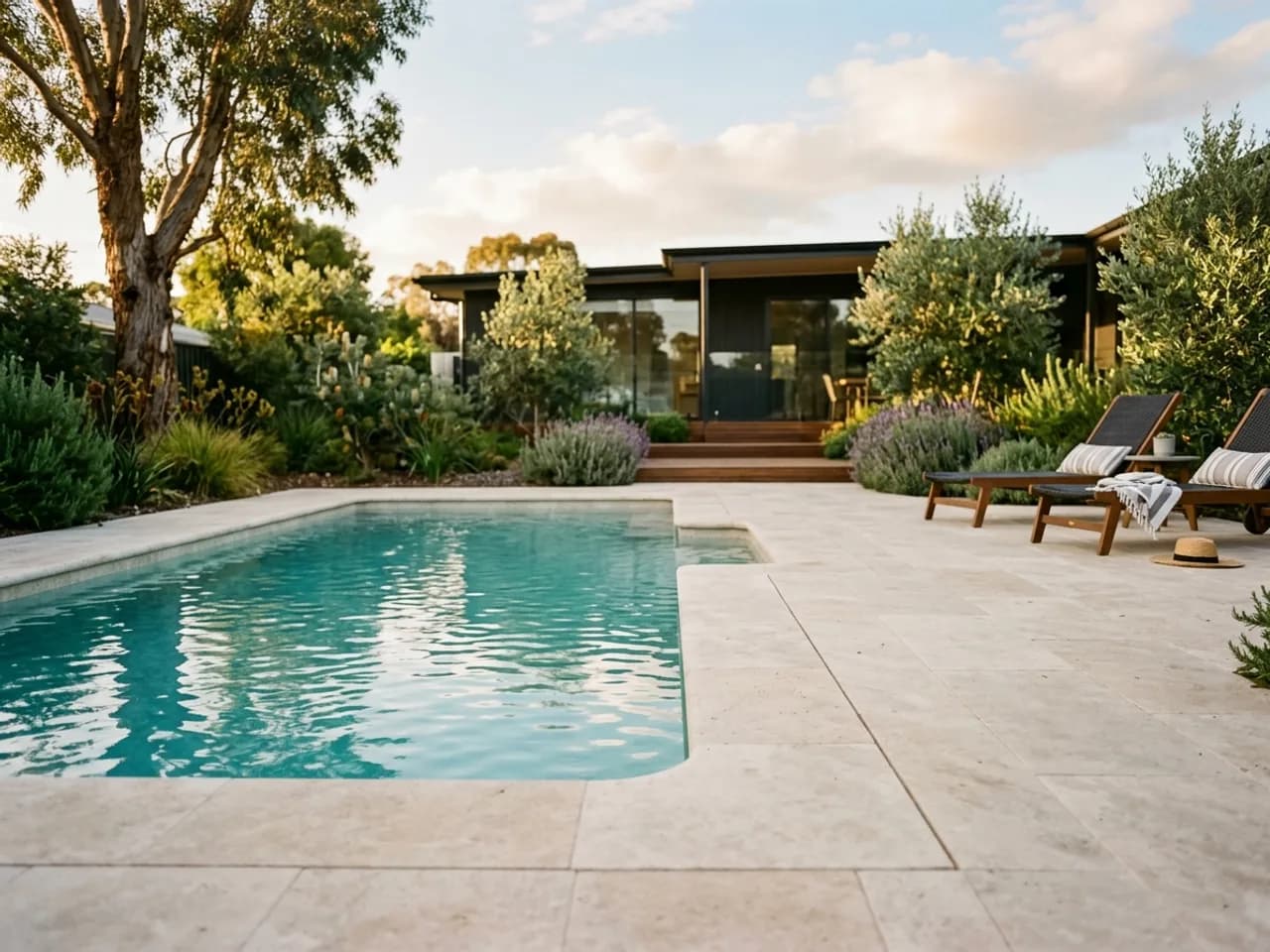 Pale travertine bullnose coping and matching pavers around a backyard pool in Adelaide