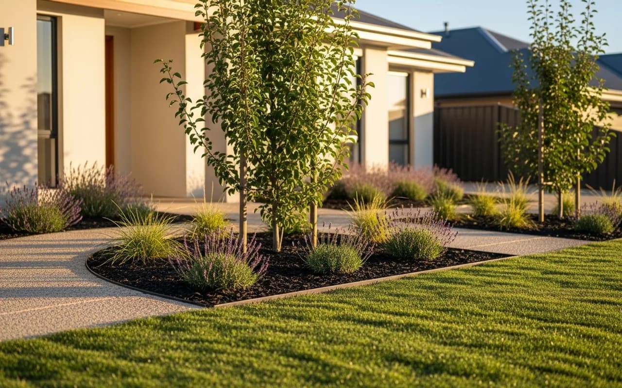 A freshly landscaped front garden at a new-build Adelaide home, with new lawn, young feature trees and fresh planting