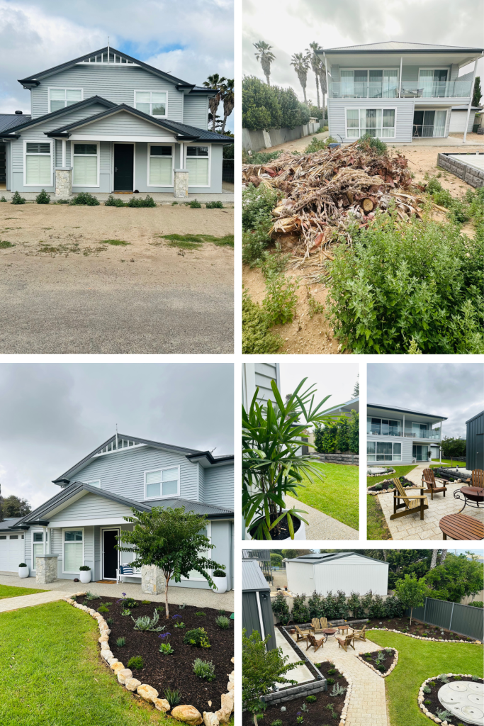 Collage of a light-gray two-story house with white trim, a manicured front yard, and a pile of dried palm fronds in the yard behind.