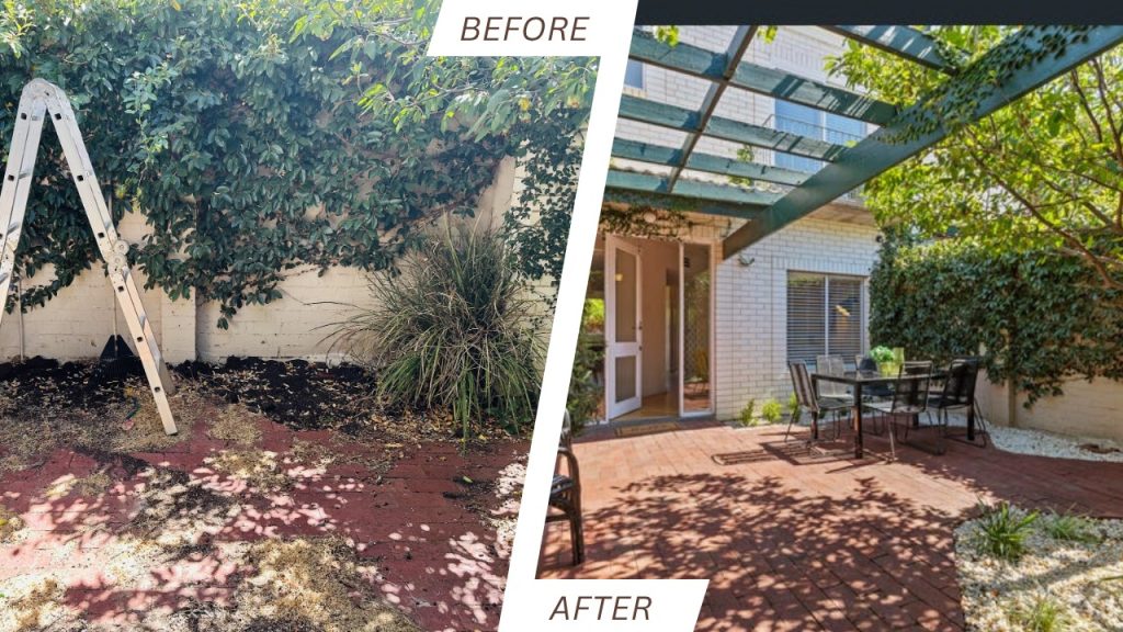 Before and after: left side overgrown yard with a ladder and ivy; right side clean brick patio with outdoor dining under a pergola/trellis.