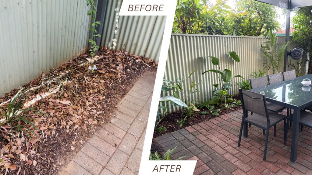 Left side shows a garden bed along a corrugated fence covered in dried leaves and soil beside a narrow paving path (Before). Right side shows a cleaned bed with new plants and a brick patio with an outdoor dining table (After).