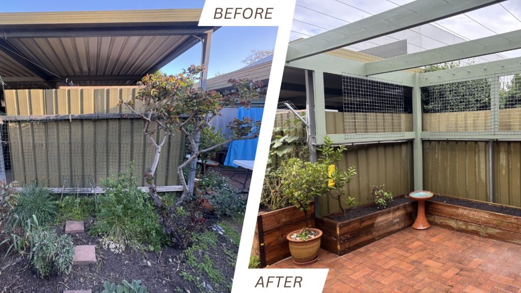 Split image showing before: cluttered, weed-filled backyard under a carport; after: tidy patio with raised planters and brick flooring.