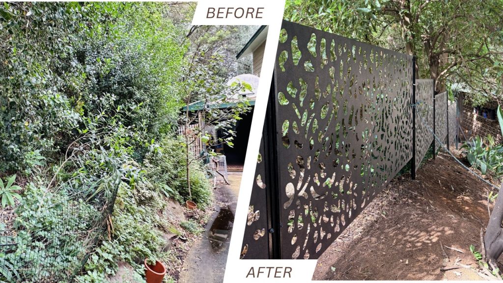 Before and after: left shows dense, tangled greenery and a narrow path; right shows a tall decorative perforated metal fence along a dirt line.