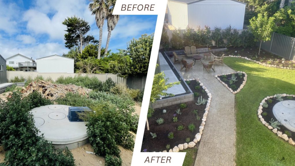Before-and-after garden renovation: left side shows overgrown yard with debris; right side shows landscaped, bordered pathways and seating area in a tidy yard.