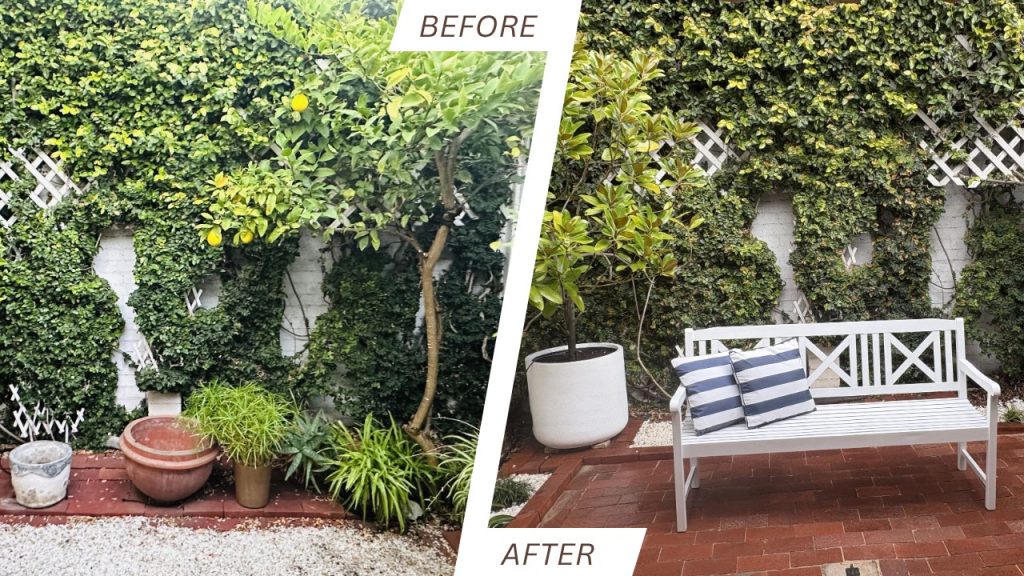 Split-screen of a garden makeover: left shows overgrown ivy and pots; right shows a white bench with navy striped cushions on a brick patio.