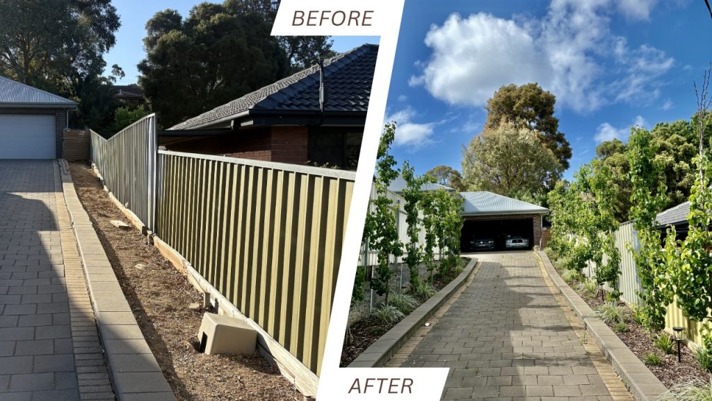 Split image showing a front yard makeover: left panel 'Before' with exposed soil along a fence; right panel 'After' with a paved driveway, new trees, and a two-car carport under a blue sky.
