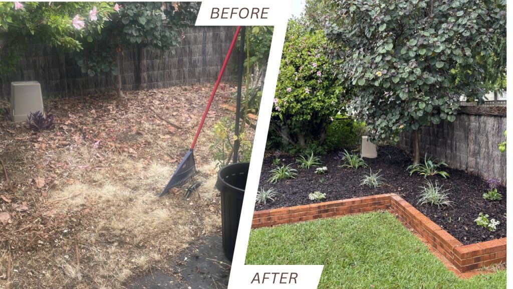Split-image backyard makeover: left side dry, weed-filled bed with rake and trash can; right side lush mulched garden with brick edging and green lawn, ‘BEFORE/AFTER’ captions