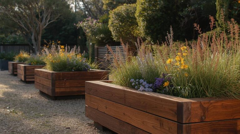 Row of wooden raised garden beds filled with colorful flowers and grasses along a gravel path in a sunny garden.